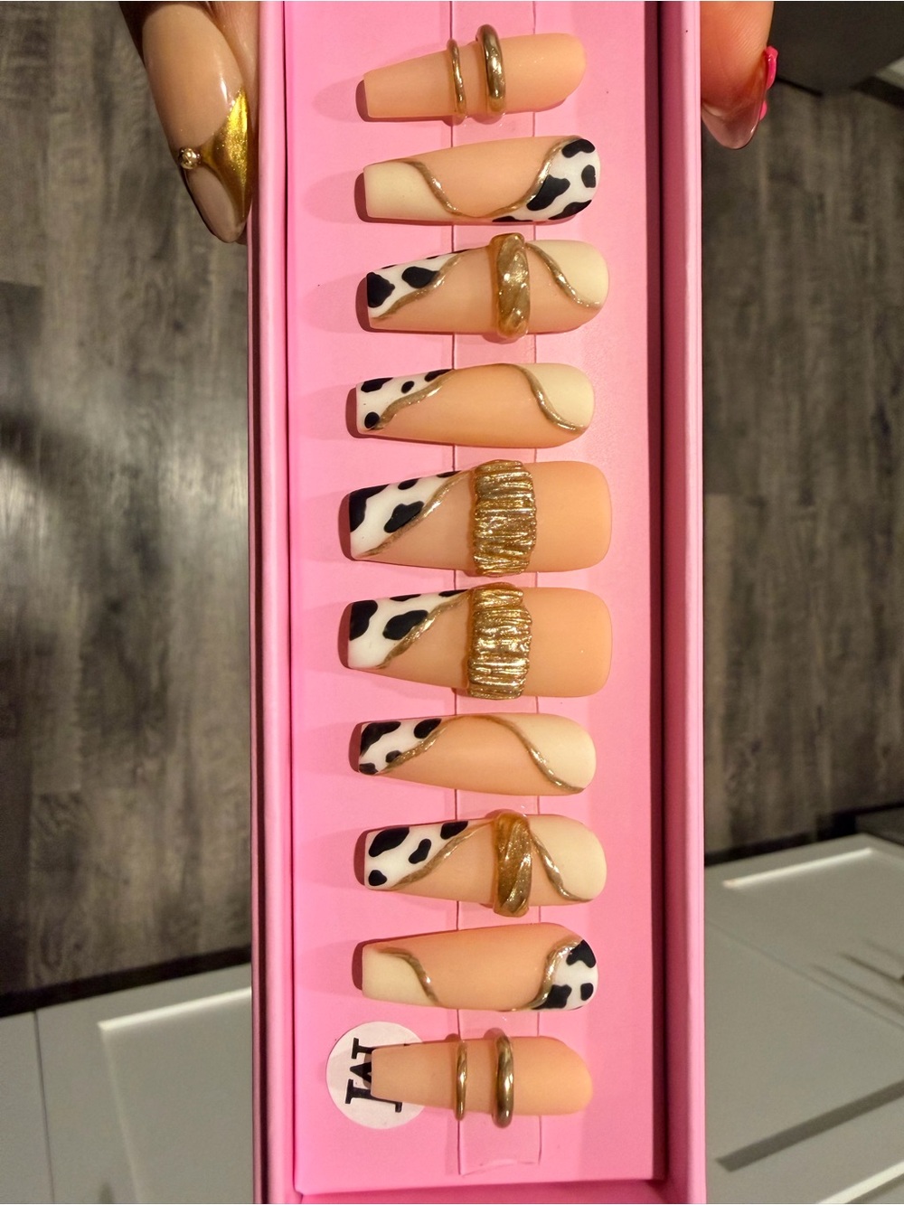 Matte Nude Cowprint Press-On Nail Set with Gold Accents